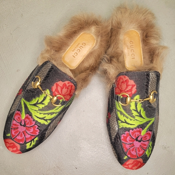 RE: Gucci Princetown Brocade Fur Trim Mules Size 36.5 Loafers Floral Jacquard - Picture 2 of 13